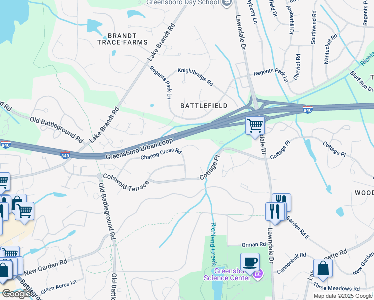 map of restaurants, bars, coffee shops, grocery stores, and more near 9 Saint Martin Place in Greensboro