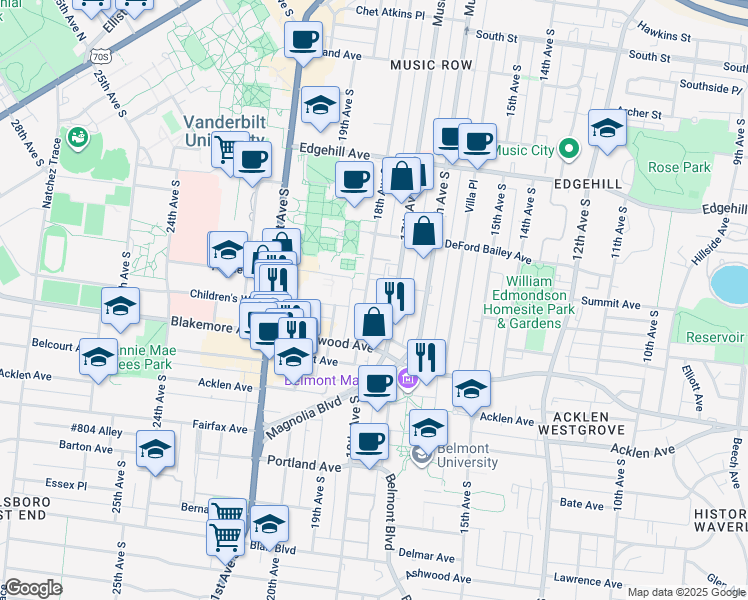 map of restaurants, bars, coffee shops, grocery stores, and more near 1604 18th Avenue South in Nashville