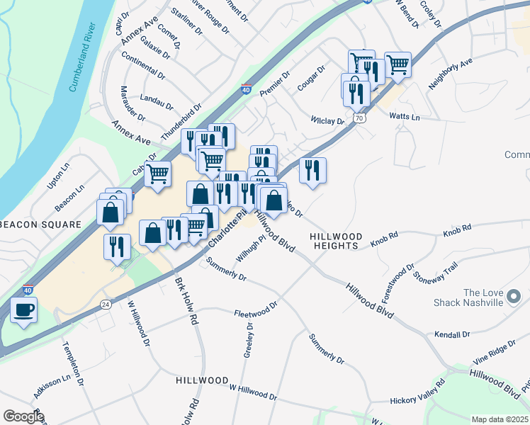 map of restaurants, bars, coffee shops, grocery stores, and more near 6505 U.S. 70 in Nashville