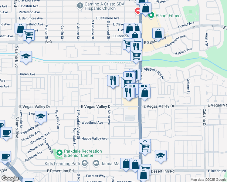 map of restaurants, bars, coffee shops, grocery stores, and more near 2725 South Nellis Boulevard in Las Vegas