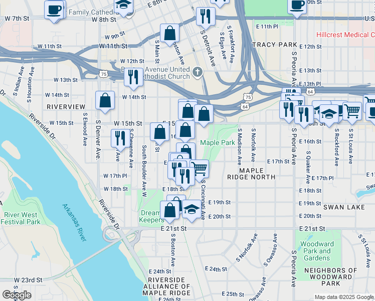 map of restaurants, bars, coffee shops, grocery stores, and more near 1601 South Boston Avenue in Tulsa