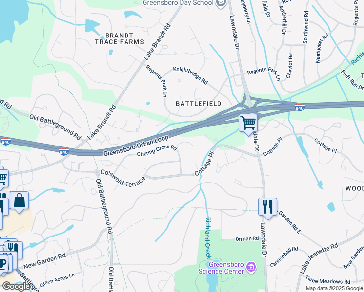 map of restaurants, bars, coffee shops, grocery stores, and more near 9 Saint Martin Place in Greensboro