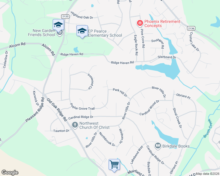 map of restaurants, bars, coffee shops, grocery stores, and more near 6603 Poplar Grove Trail in Greensboro