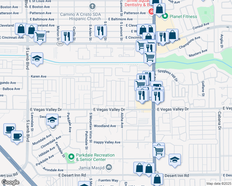 map of restaurants, bars, coffee shops, grocery stores, and more near 4800 East Vegas Valley Drive in Las Vegas
