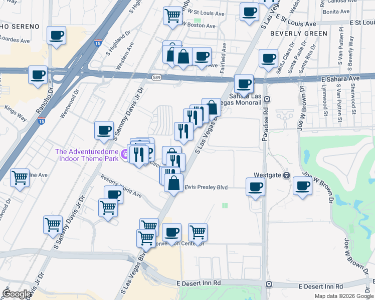 map of restaurants, bars, coffee shops, grocery stores, and more near 2650 South Las Vegas Boulevard in Las Vegas