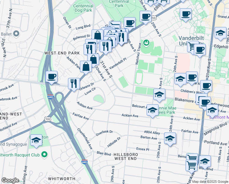 map of restaurants, bars, coffee shops, grocery stores, and more near 3106 Wellington Avenue in Nashville