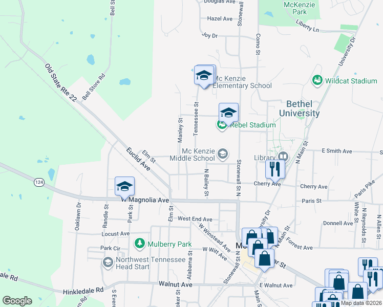map of restaurants, bars, coffee shops, grocery stores, and more near 515 Tennessee Street in McKenzie