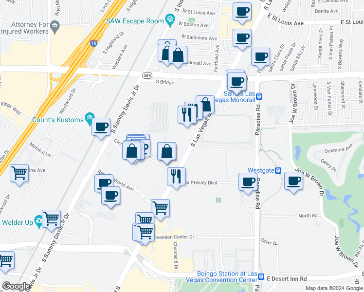 map of restaurants, bars, coffee shops, grocery stores, and more near 2650 South Las Vegas Boulevard in Las Vegas