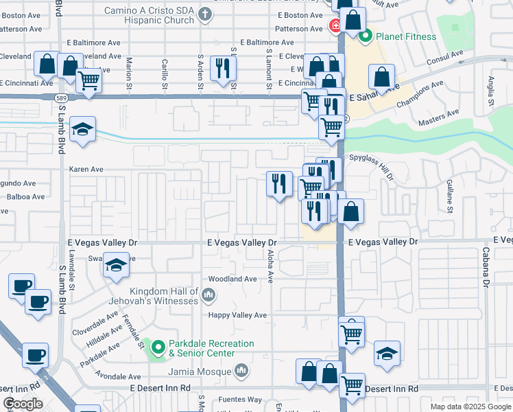 map of restaurants, bars, coffee shops, grocery stores, and more near 4800 East Vegas Valley Drive in Las Vegas