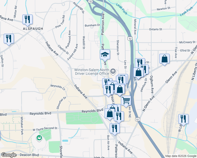 map of restaurants, bars, coffee shops, grocery stores, and more near 320-386 Perimeter Point Boulevard in Winston-Salem