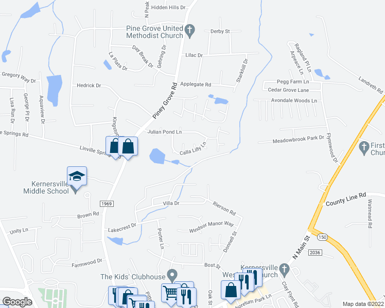 map of restaurants, bars, coffee shops, grocery stores, and more near 211 Calla Lilly Lane in Kernersville