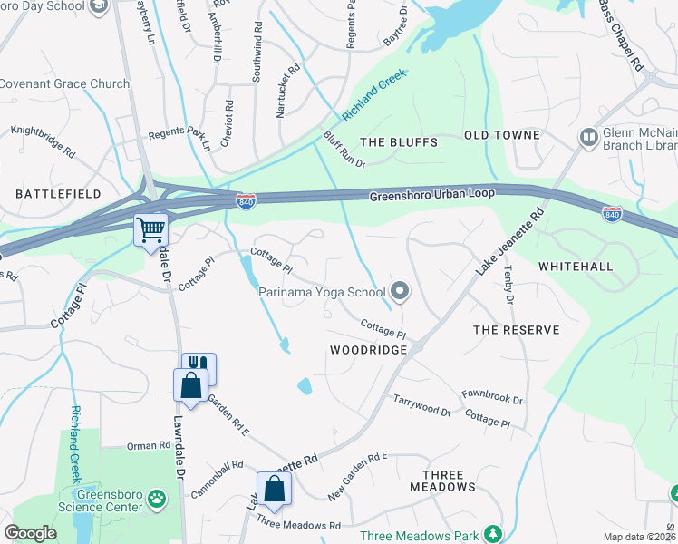 map of restaurants, bars, coffee shops, grocery stores, and more near 2644 Cottage Place in Greensboro
