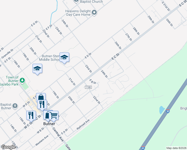 map of restaurants, bars, coffee shops, grocery stores, and more near 701 East C Street in Butner