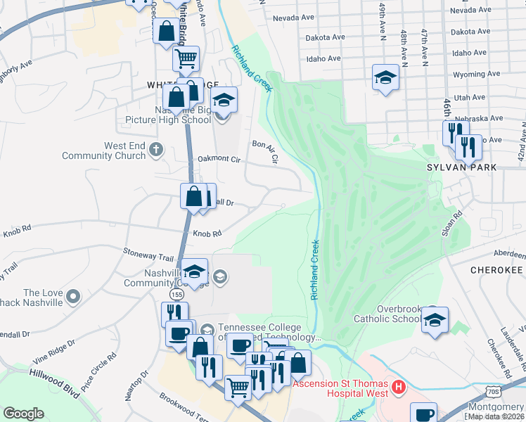 map of restaurants, bars, coffee shops, grocery stores, and more near 5429 Knob Road in Nashville
