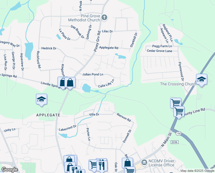 map of restaurants, bars, coffee shops, grocery stores, and more near 215 Calla Lilly Lane in Kernersville