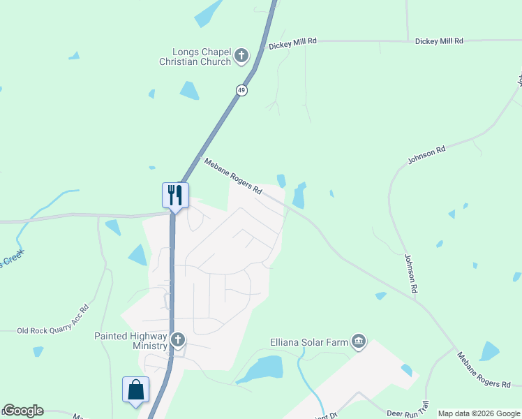 map of restaurants, bars, coffee shops, grocery stores, and more near 2511 Mebane Rogers Road in Burlington