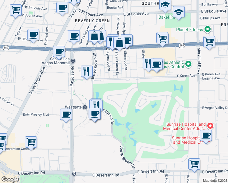 map of restaurants, bars, coffee shops, grocery stores, and more near 608 Tam O Shanter in Las Vegas