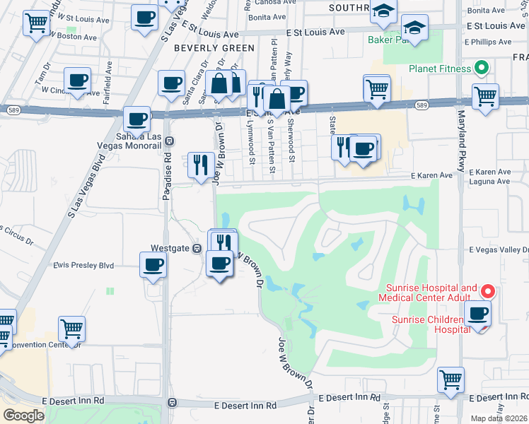 map of restaurants, bars, coffee shops, grocery stores, and more near 668 Oakmont Avenue in Las Vegas