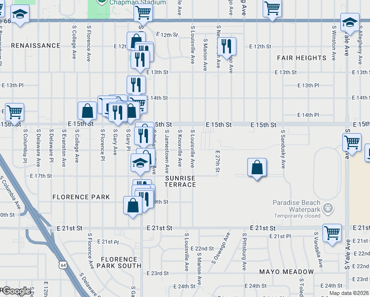 map of restaurants, bars, coffee shops, grocery stores, and more near 1526 South Knoxville Avenue in Tulsa