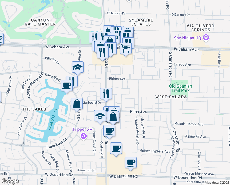 map of restaurants, bars, coffee shops, grocery stores, and more near 2750 South Durango Drive in Las Vegas
