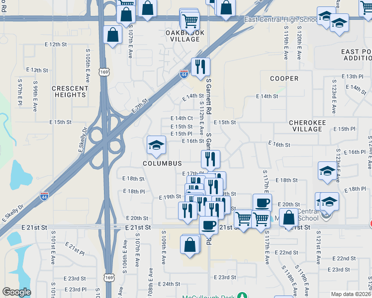 map of restaurants, bars, coffee shops, grocery stores, and more near 11015 East 16th Street in Tulsa