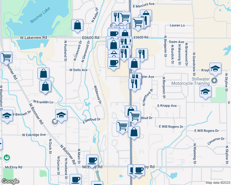map of restaurants, bars, coffee shops, grocery stores, and more near 1616 North Perkins Road in Stillwater