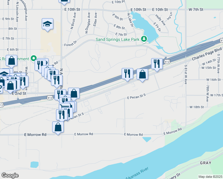 map of restaurants, bars, coffee shops, grocery stores, and more near Charles Page Boulevard in Sand Springs