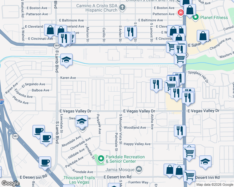 map of restaurants, bars, coffee shops, grocery stores, and more near 2755 Jennydiane Drive in Las Vegas