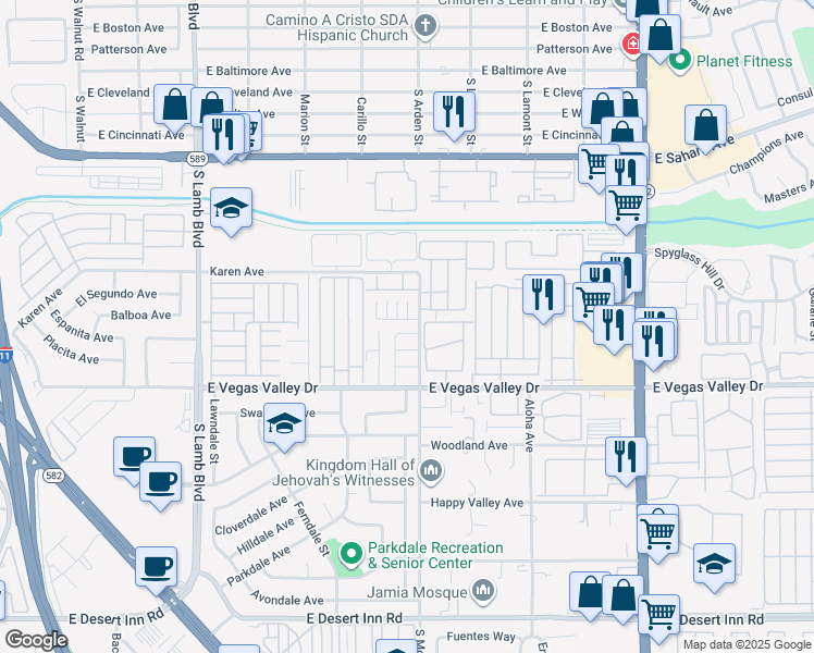 map of restaurants, bars, coffee shops, grocery stores, and more near 2755 Jennydiane Drive in Las Vegas