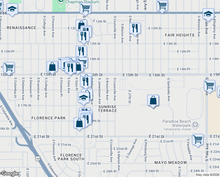 map of restaurants, bars, coffee shops, grocery stores, and more near 1526 South Knoxville Avenue in Tulsa