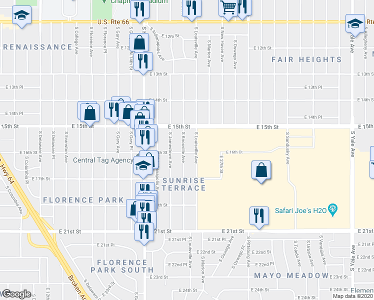 map of restaurants, bars, coffee shops, grocery stores, and more near 1526 South Knoxville Avenue in Tulsa