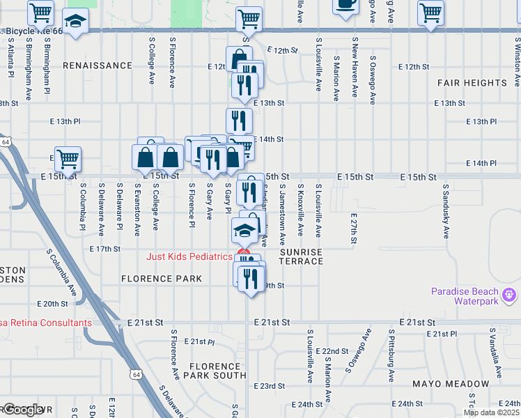 map of restaurants, bars, coffee shops, grocery stores, and more near 1527 South Harvard Avenue in Tulsa