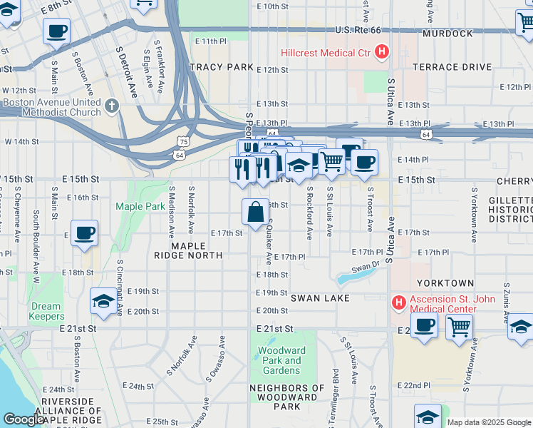 map of restaurants, bars, coffee shops, grocery stores, and more near 1326 East 15th Street in Tulsa