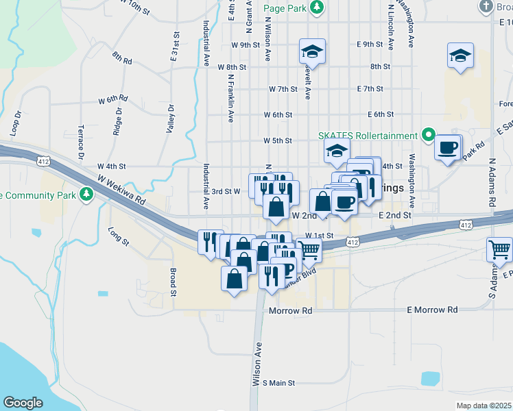 map of restaurants, bars, coffee shops, grocery stores, and more near 224 North Wilson Avenue in Sand Springs