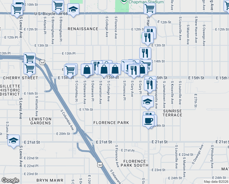 map of restaurants, bars, coffee shops, grocery stores, and more near 1548 South Florence Avenue in Tulsa