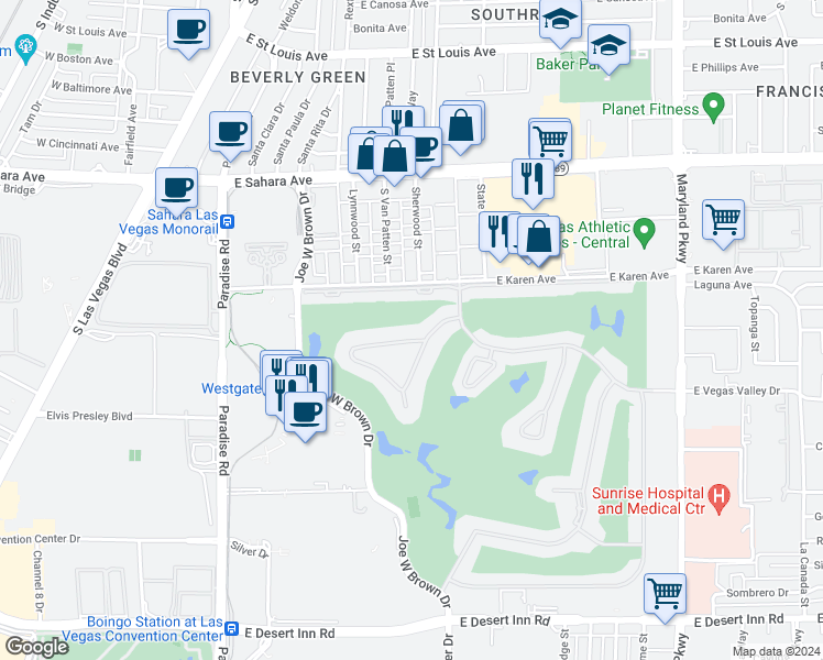map of restaurants, bars, coffee shops, grocery stores, and more near 714 Oakmont Avenue in Las Vegas