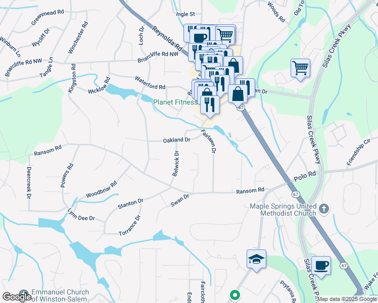 map of restaurants, bars, coffee shops, grocery stores, and more near 2673 Belwick Village Drive in Winston-Salem