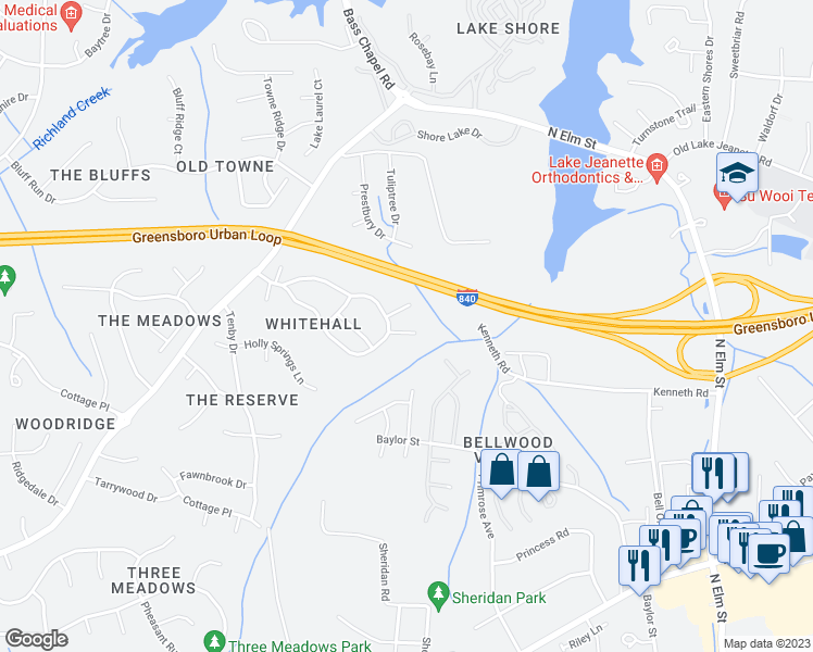 map of restaurants, bars, coffee shops, grocery stores, and more near 1 Scotridge Point in Greensboro