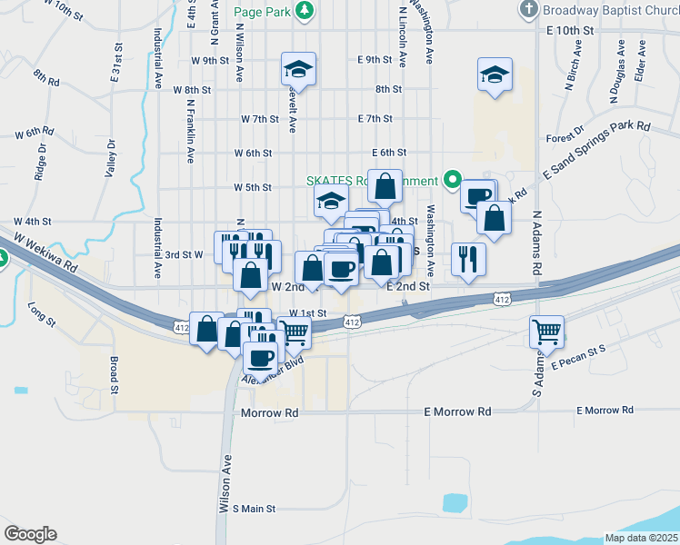 map of restaurants, bars, coffee shops, grocery stores, and more near 10 West Broadway Street in Sand Springs