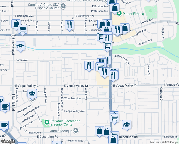 map of restaurants, bars, coffee shops, grocery stores, and more near 4800 East Vegas Valley Drive in Las Vegas