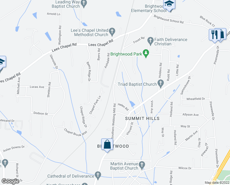 map of restaurants, bars, coffee shops, grocery stores, and more near 4614 Southern Webbing Mill Road in Greensboro