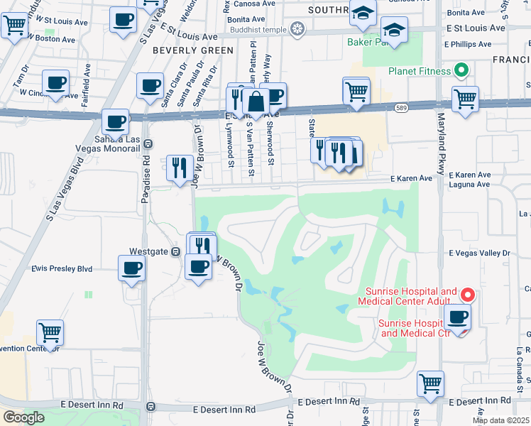map of restaurants, bars, coffee shops, grocery stores, and more near 714 Oakmont Avenue in Las Vegas