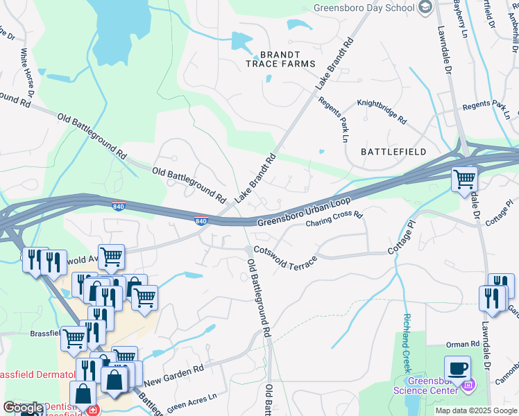 map of restaurants, bars, coffee shops, grocery stores, and more near 4 Holdsworth Court in Greensboro