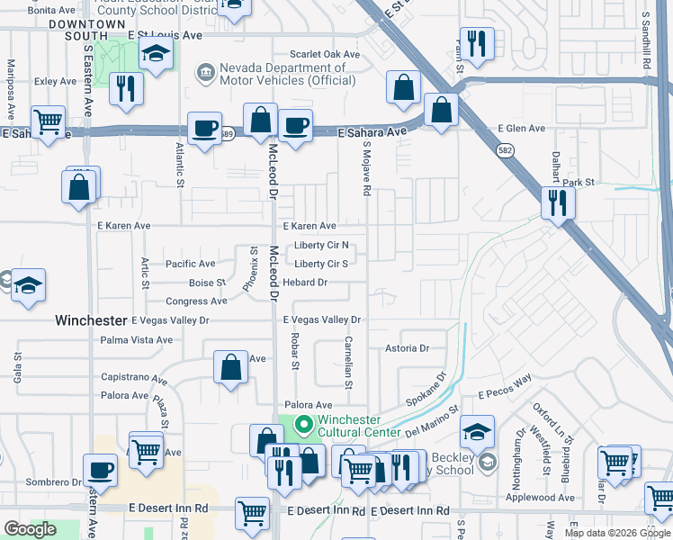 map of restaurants, bars, coffee shops, grocery stores, and more near 3120 Liberty Circle South in Las Vegas