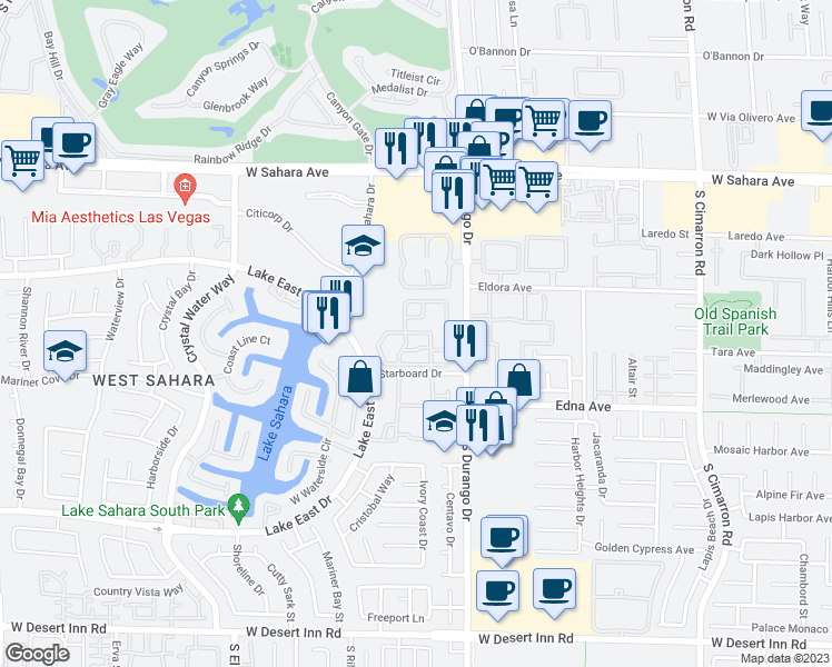 map of restaurants, bars, coffee shops, grocery stores, and more near 8600 Starboard Drive in Las Vegas