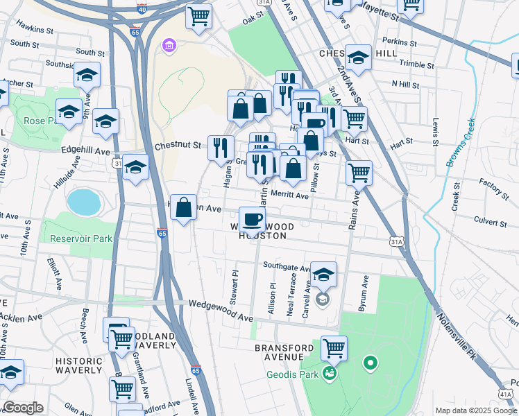map of restaurants, bars, coffee shops, grocery stores, and more near 609 Merritt Avenue in Nashville