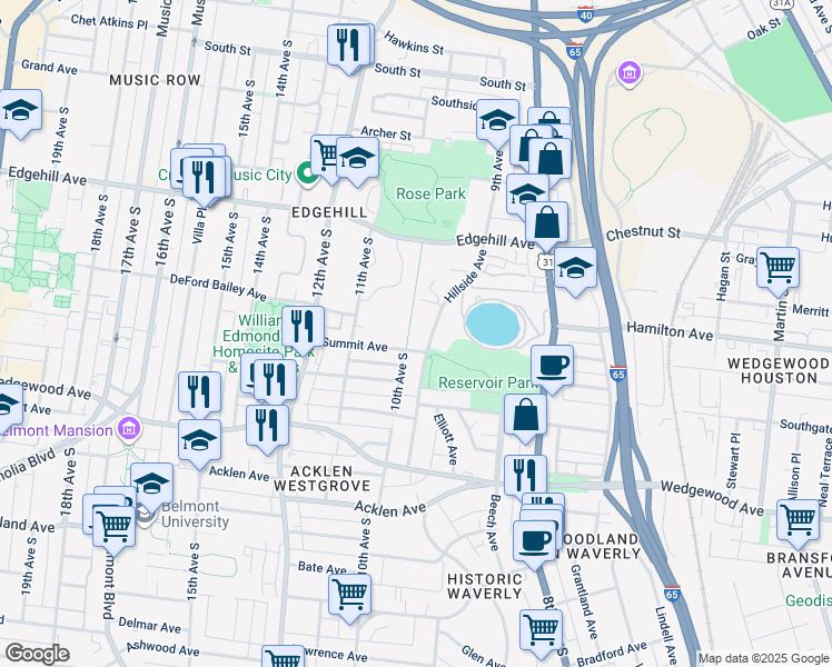 map of restaurants, bars, coffee shops, grocery stores, and more near 1446 11th Avenue South in Nashville