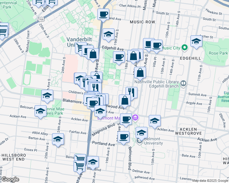 map of restaurants, bars, coffee shops, grocery stores, and more near in Nashville