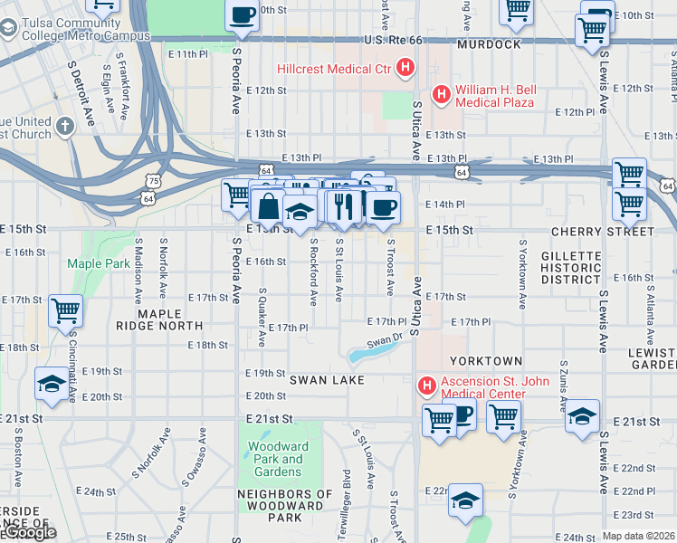 map of restaurants, bars, coffee shops, grocery stores, and more near 1531 South Rockford Avenue in Tulsa