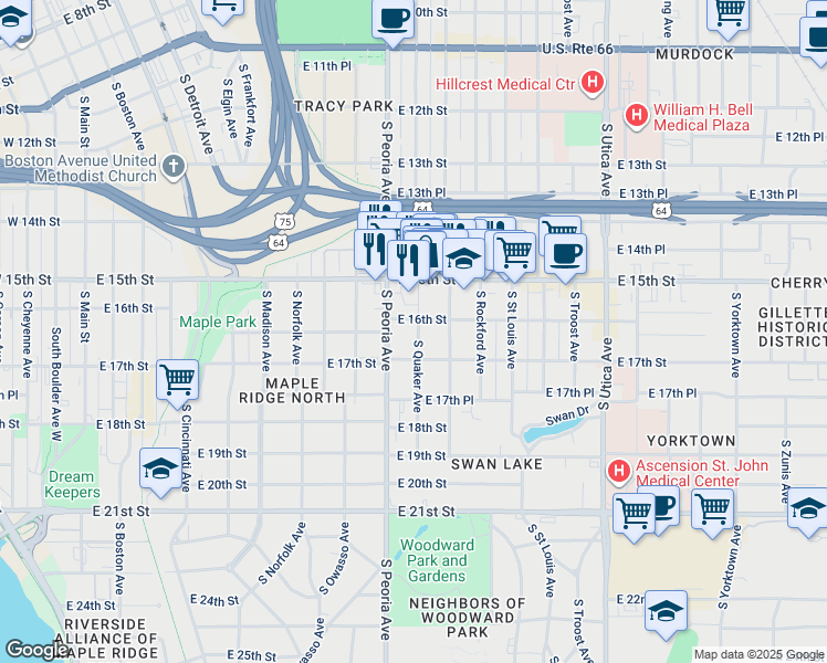 map of restaurants, bars, coffee shops, grocery stores, and more near 1326 East 15th Street in Tulsa